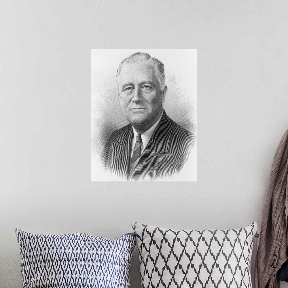 A bohemian room featuring President Franklin Roosevelt in a engraved portrait by the Bureau of Printing and Engraving. c. 1...