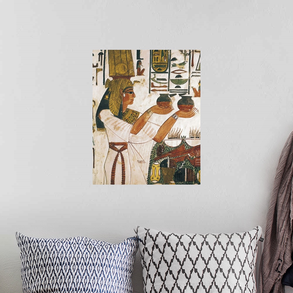 A bohemian room featuring Queen Nefertari offering, Egyptian art