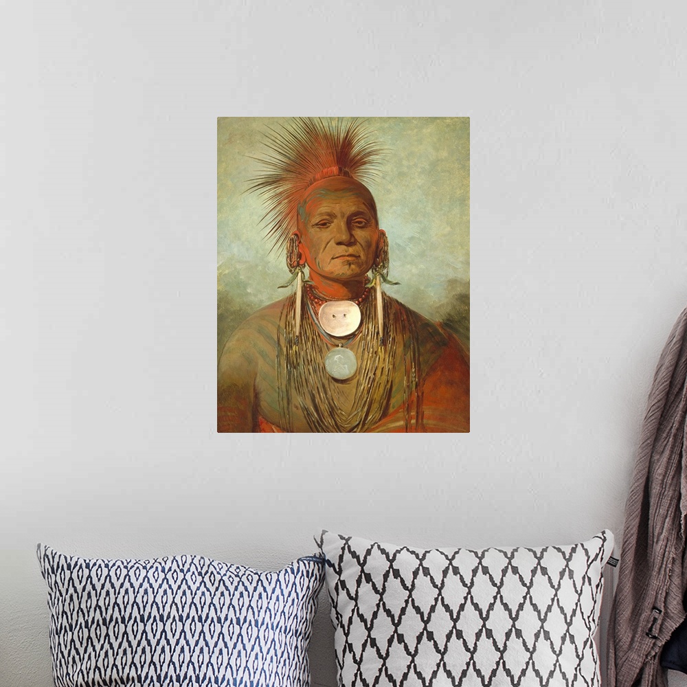 A bohemian room featuring See-non-ty-a, an Iowya Medicine Man, by George Catlin, 1844-45, American painting, oil on canvas....