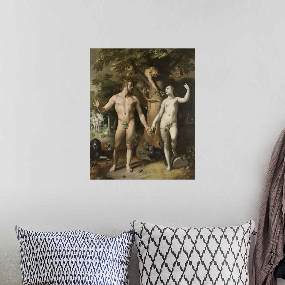 A bohemian room featuring The Fall of Man, by Cornelis van Haarlem, 1592, Dutch painting, oil on canvas. In the left backgr...