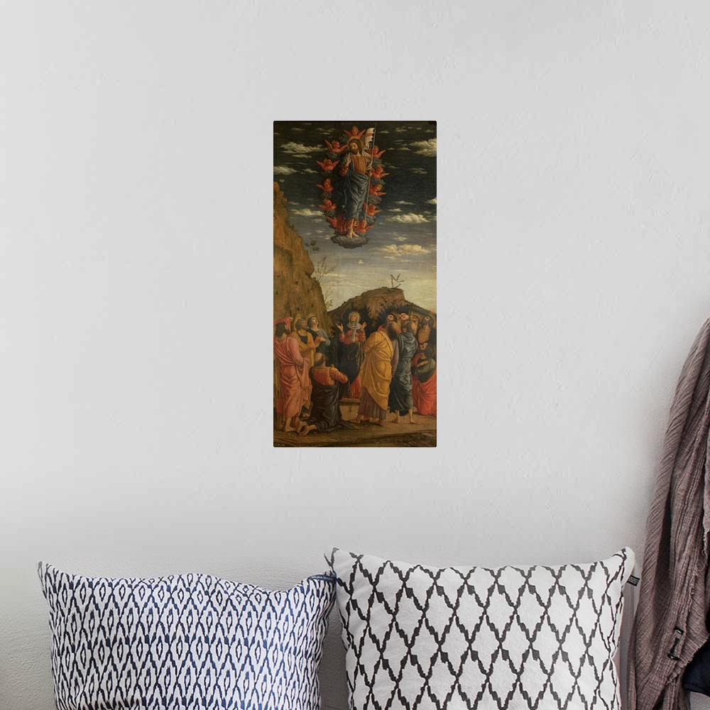A bohemian room featuring Mantegna Andrea, Triptych of the Uffizi. Ascension of the Christ, 1460, 15th Century, tempera on ...