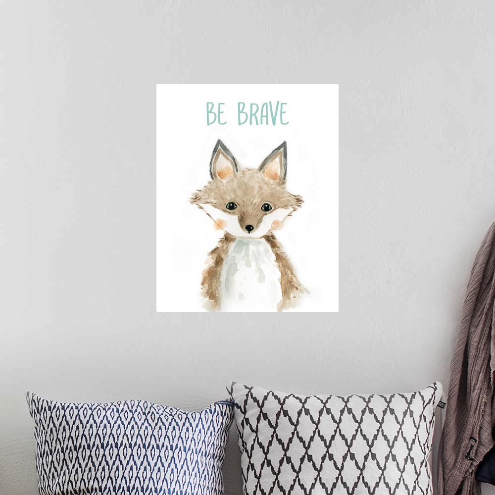 A bohemian room featuring A cute and whimsical illustration of a fox with the words 'Be Brave'. Perfect for a gender neutra...
