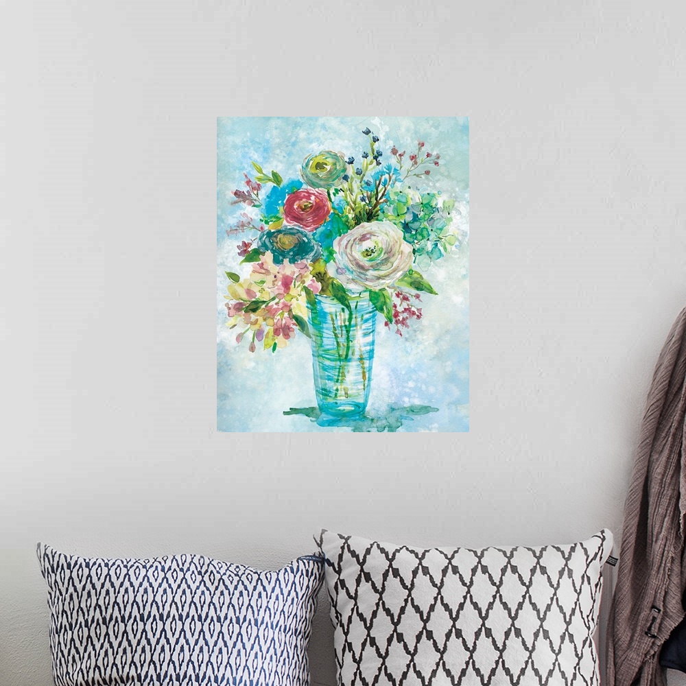 A bohemian room featuring Watercolor painting of a bouquet of flowers in a clear vase.