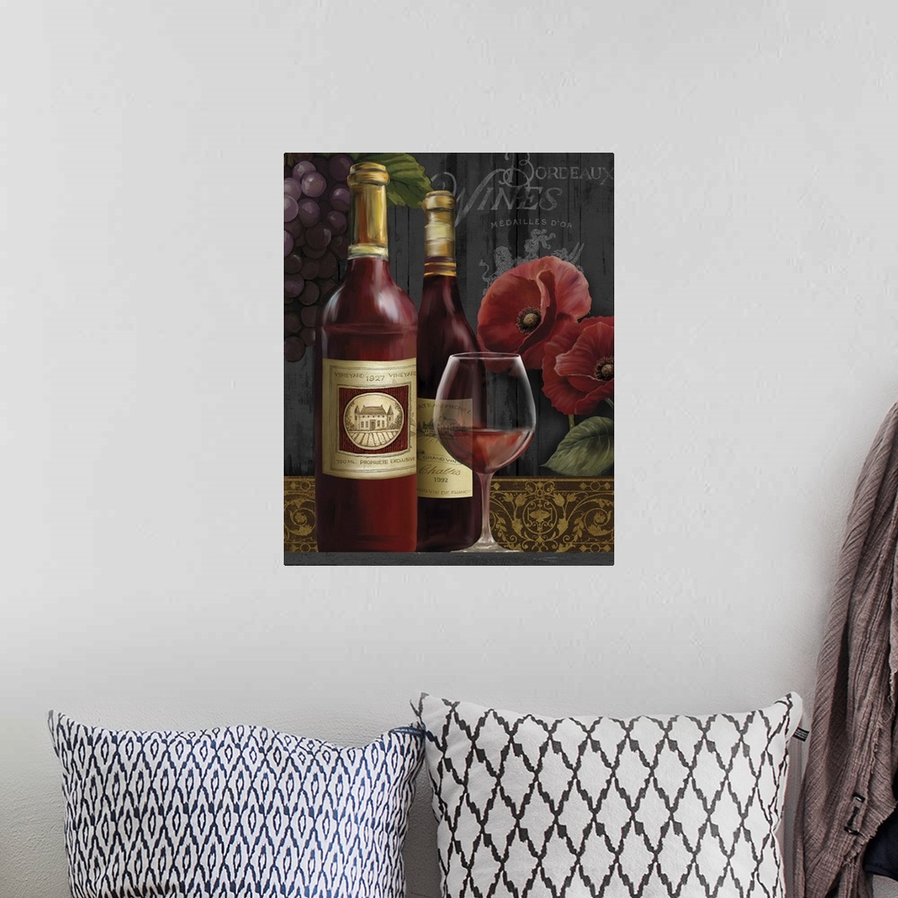 A bohemian room featuring Still life painting of two bottles of wine and a glass of red wine with poppies and grapes in the...