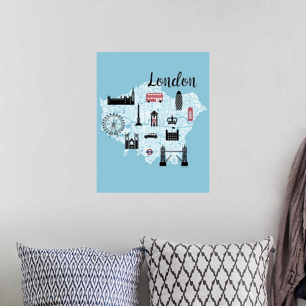 A bohemian room featuring Light blue, white, and red illustrated map of London highlighting landmarks.
