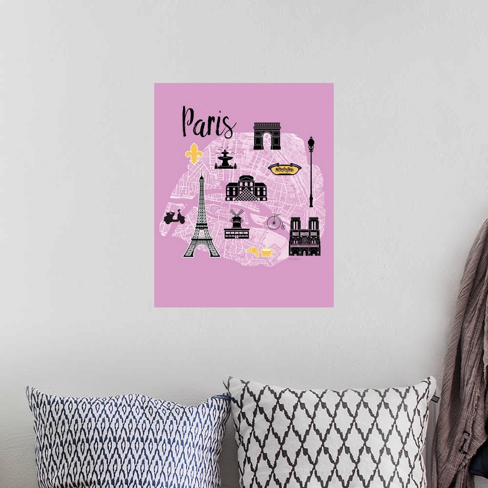 A bohemian room featuring Map of Paris with cute graphics of famous landmarks.