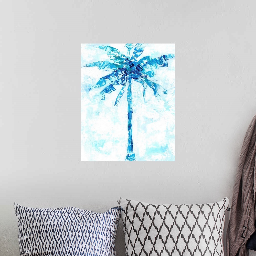 A bohemian room featuring Energetic brush movements compose a blue palm tree against a light blue mottled background.