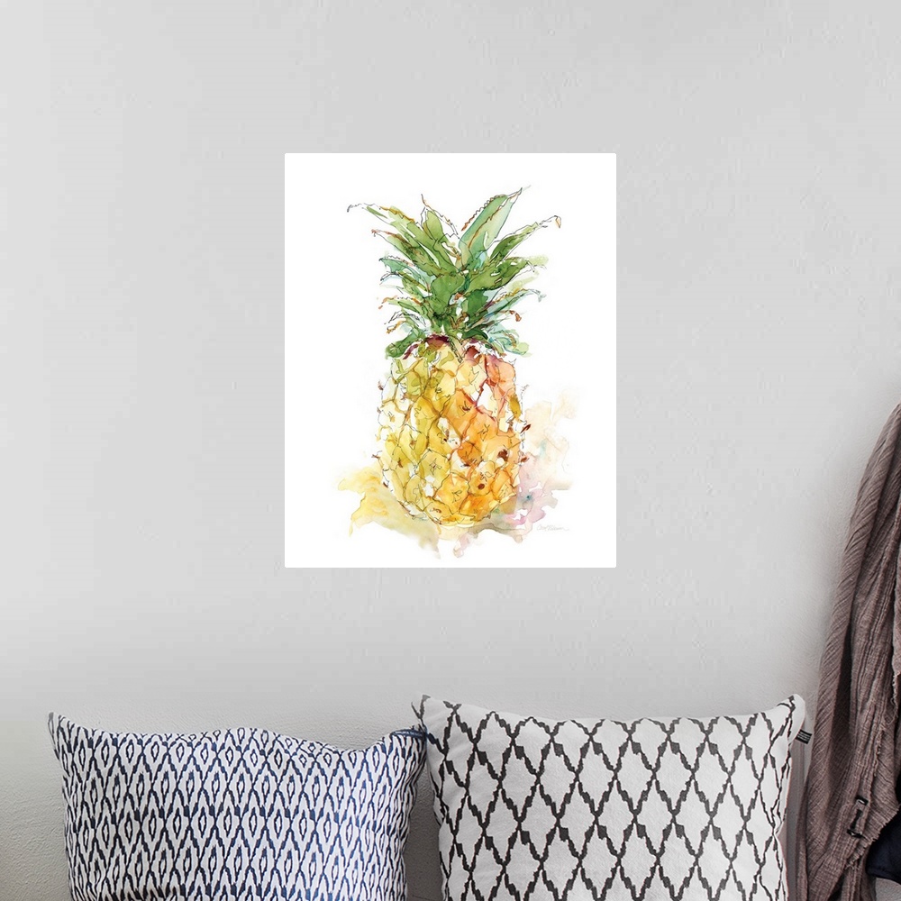 A bohemian room featuring Warm toned watercolor painting of a pineapple.