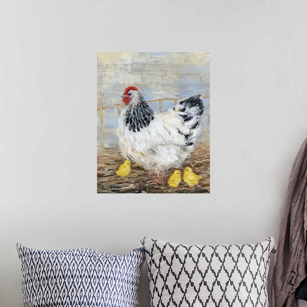 A bohemian room featuring A contemporary painting of a farmhouse chicken with three yellow chicks.