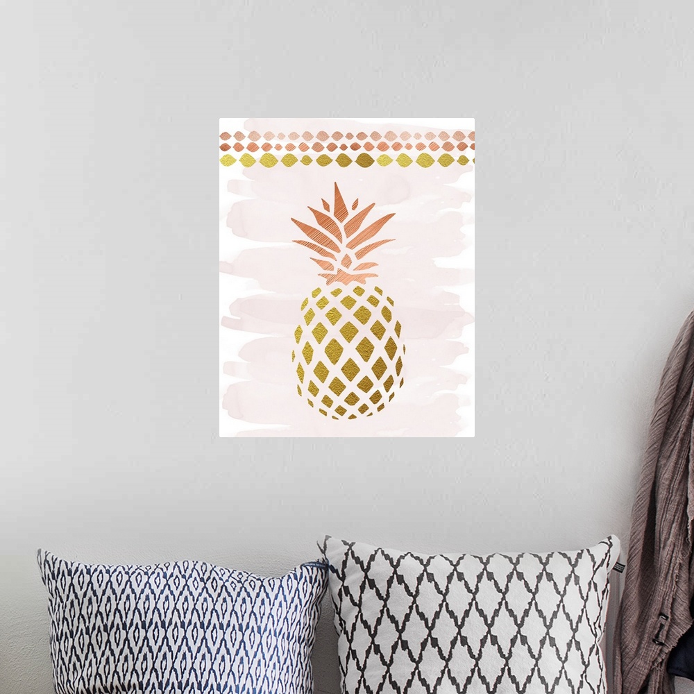 A bohemian room featuring Tropical decor with a metallic gold and rose gold pineapple on a pale pink and white background.