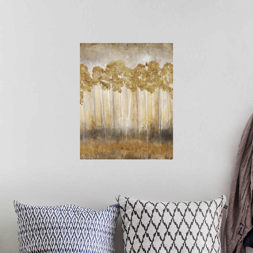 A bohemian room featuring Contemporary painting of a row of slender trees with golden leaves.