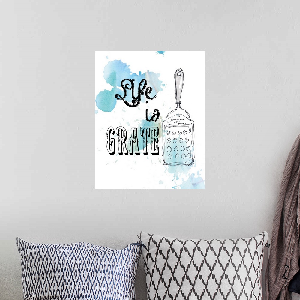A bohemian room featuring Droplets of blue watercolor on white are the backdrop for the drawing of a cheese grater and the ...