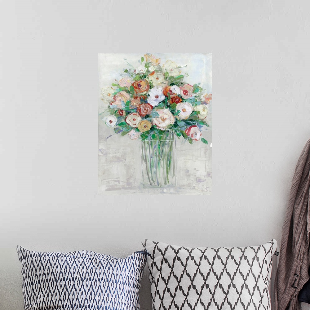 A bohemian room featuring Contemporary painting of a large floral arrangement in a glass vase on a gray textured background.