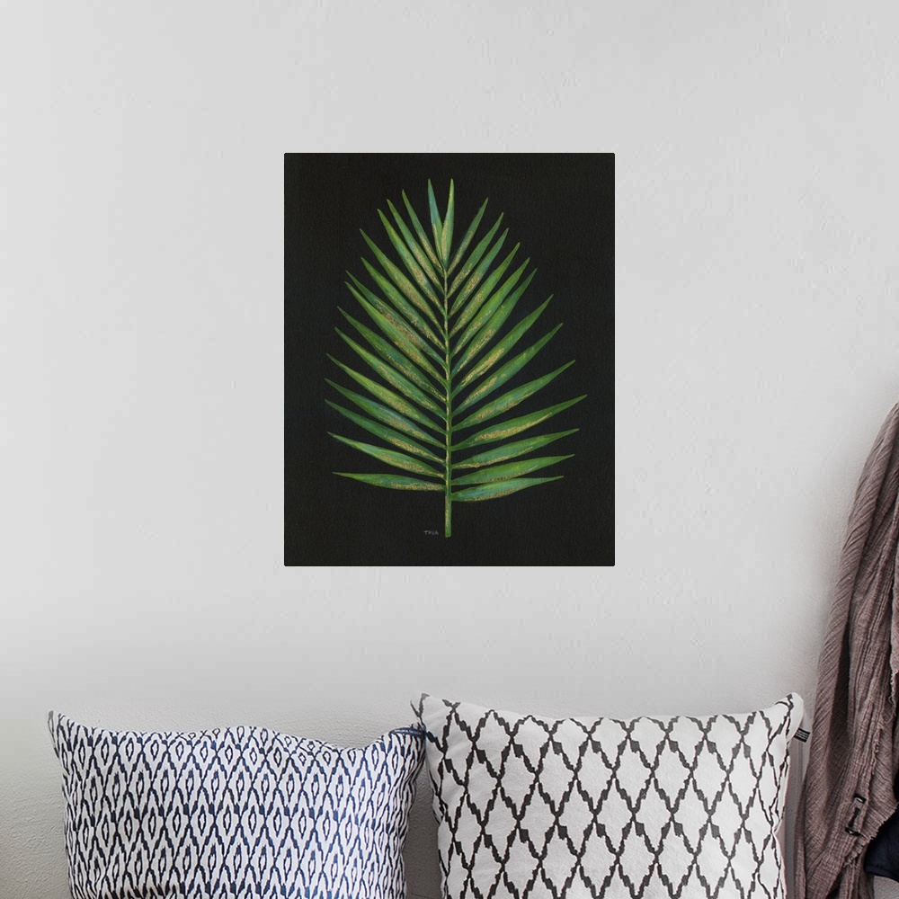 A bohemian room featuring Contemporary painting of a palm frond made with green and blue tones with metallic gold highlight...