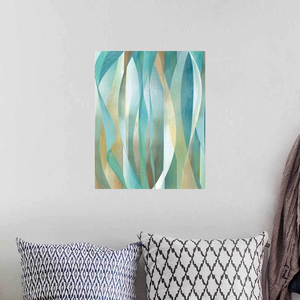 A bohemian room featuring Abstract painting with long, flowing vertical lines of color running from top to bottom.