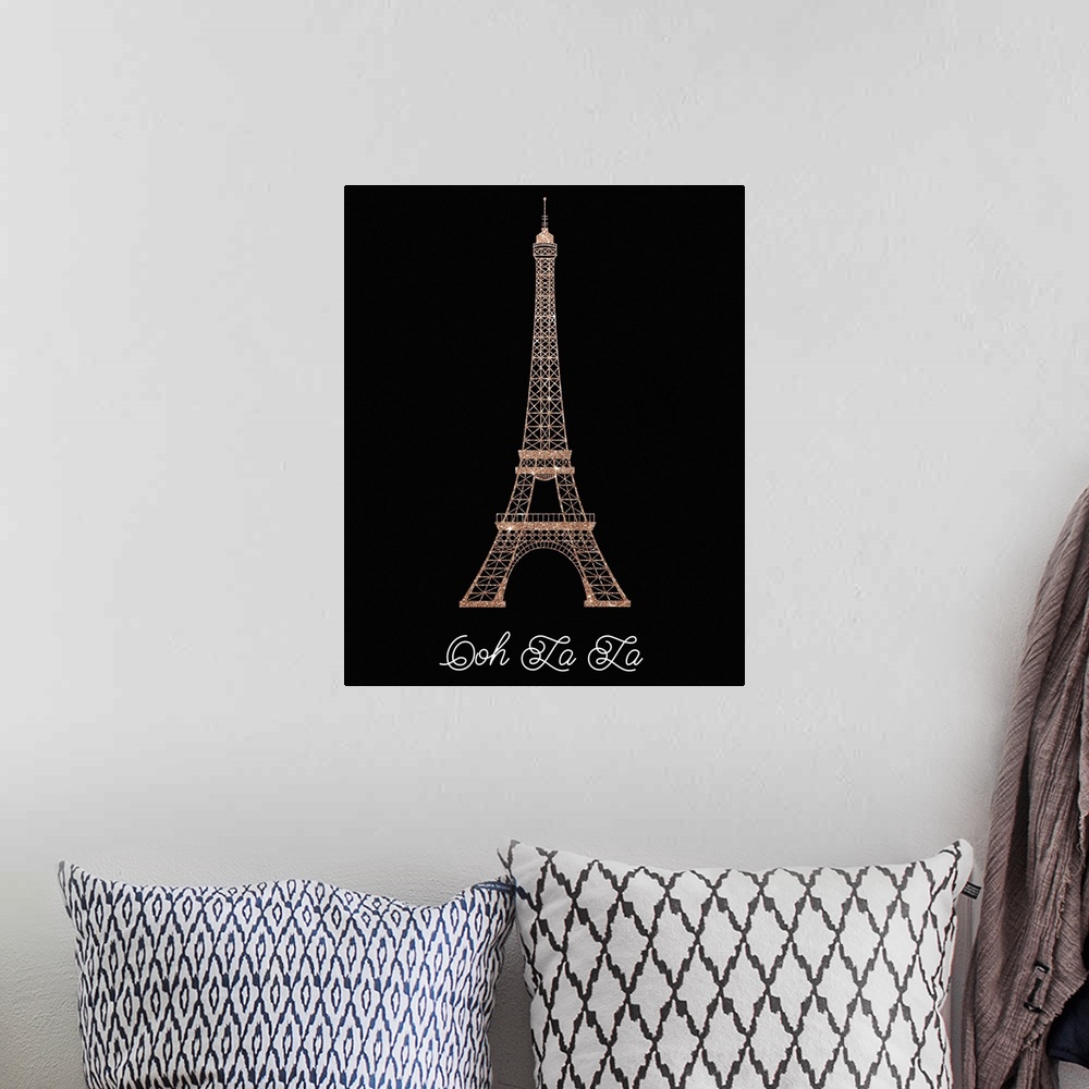 A bohemian room featuring Sparkly rose gold Eiffel Tower illustration on a solid black background with the phrase "Ooh La L...