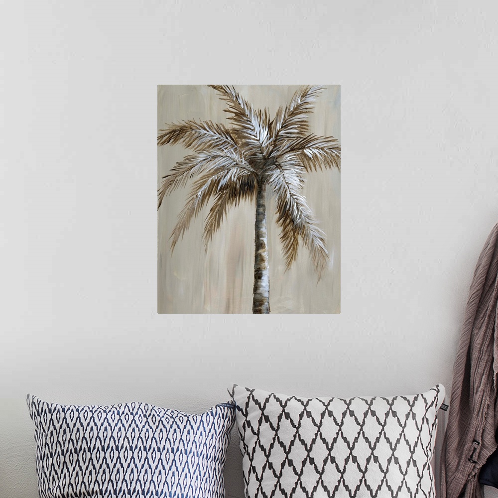 A bohemian room featuring Contemporary painting of a single palm tree in brown and white tones.