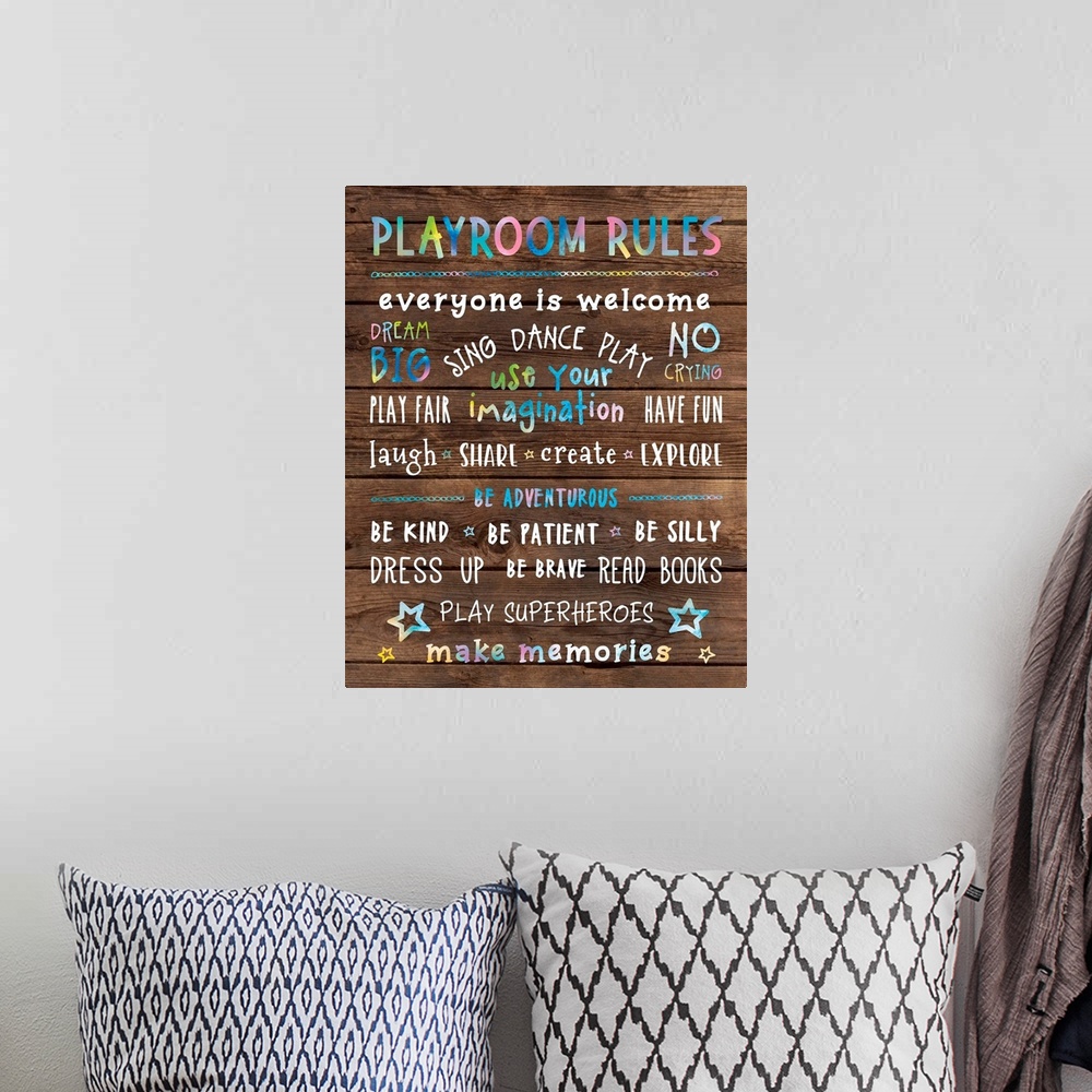 A bohemian room featuring Playroom Rules