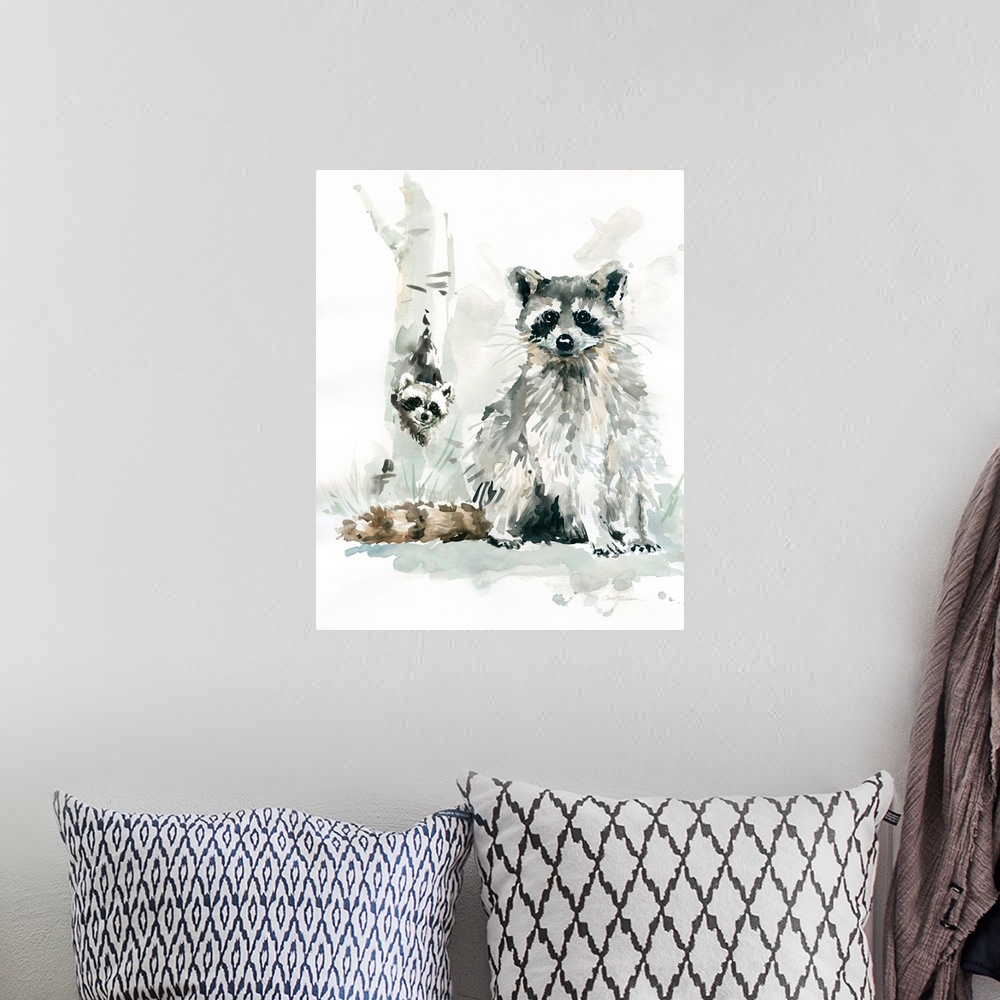 A bohemian room featuring Contemporary watercolor painting of a mother and baby raccoon.