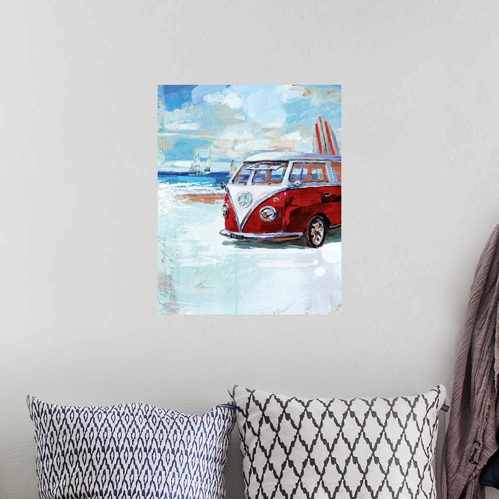 A bohemian room featuring A painting of a Volkswagen van with expressive brushstrokes and subtle layers of map text and han...