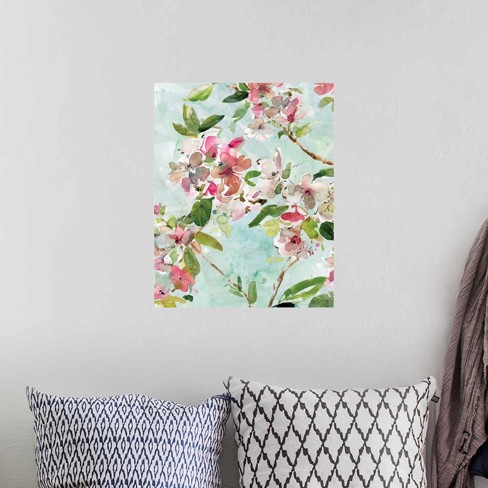 A bohemian room featuring Watercolor painting of branches with pink and white flowers and bright green leaves on a light bl...