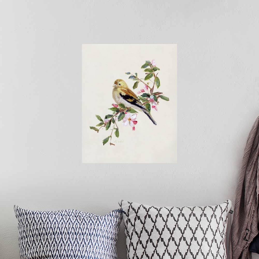 A bohemian room featuring Spring Song Pine Grosbeak