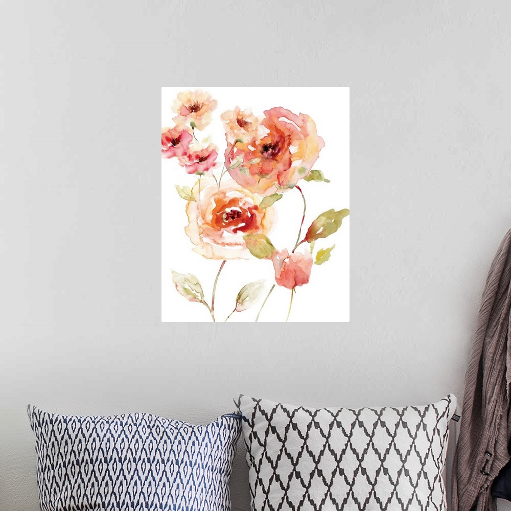 A bohemian room featuring Vertical watercolor painting with pink, red, and orange flowers on a white background.