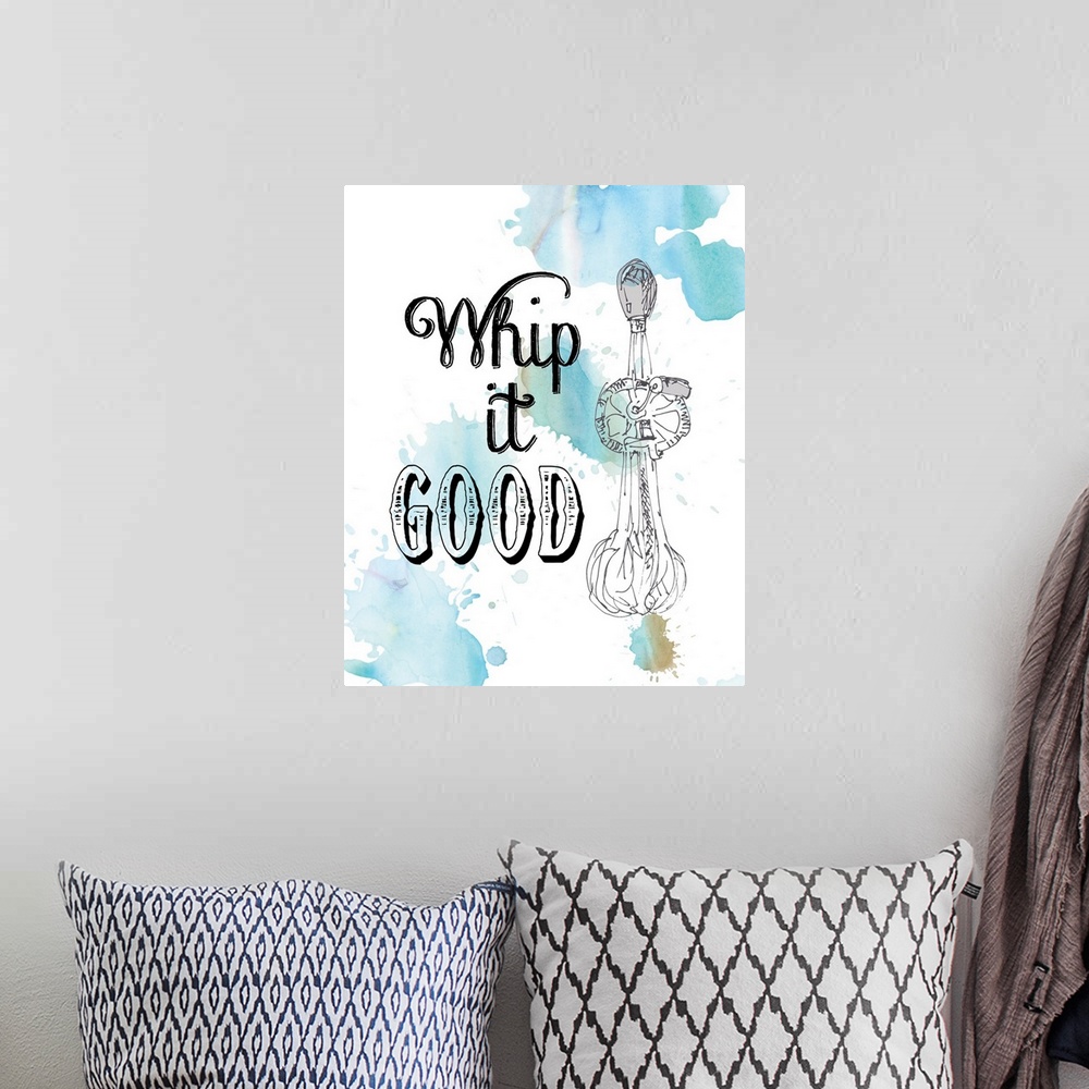 A bohemian room featuring Droplets of blue watercolor on white are the backdrop for the drawing of a hand crank whisk and t...