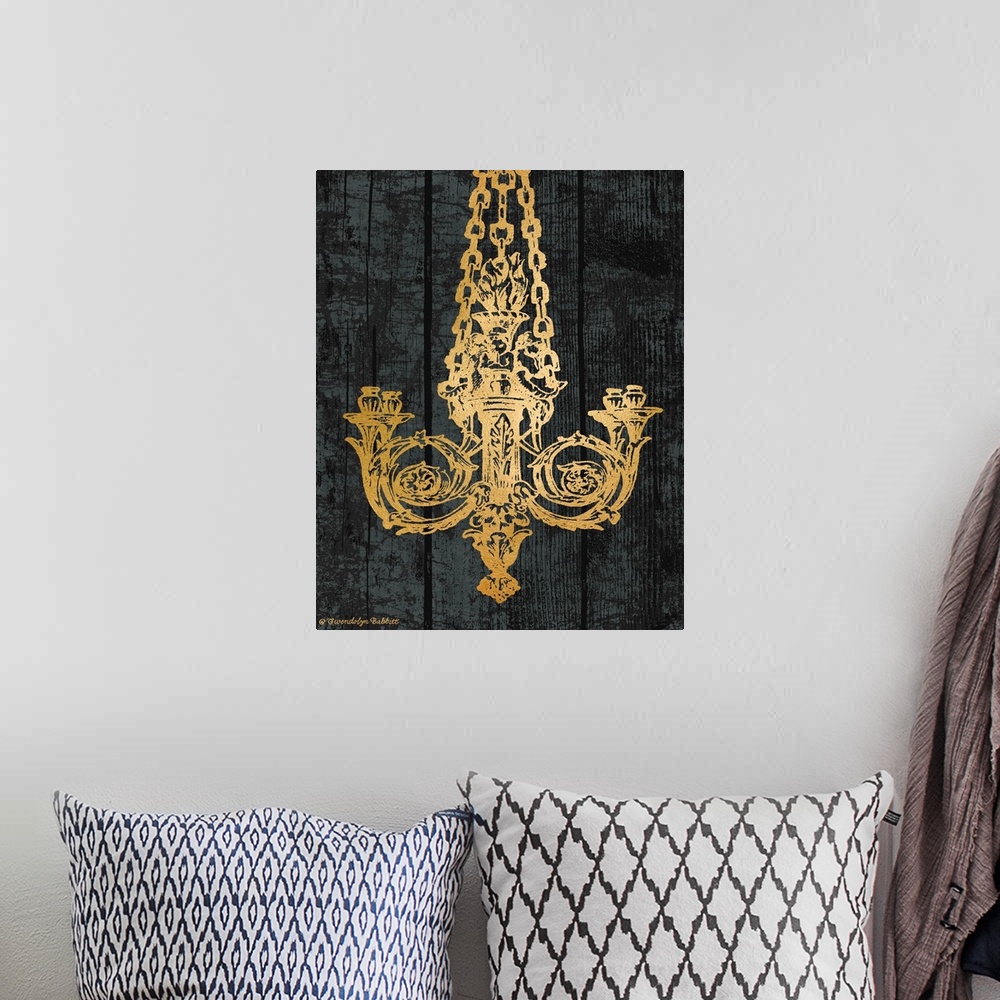 A bohemian room featuring An illustration of a chandelier in gold over a black background.