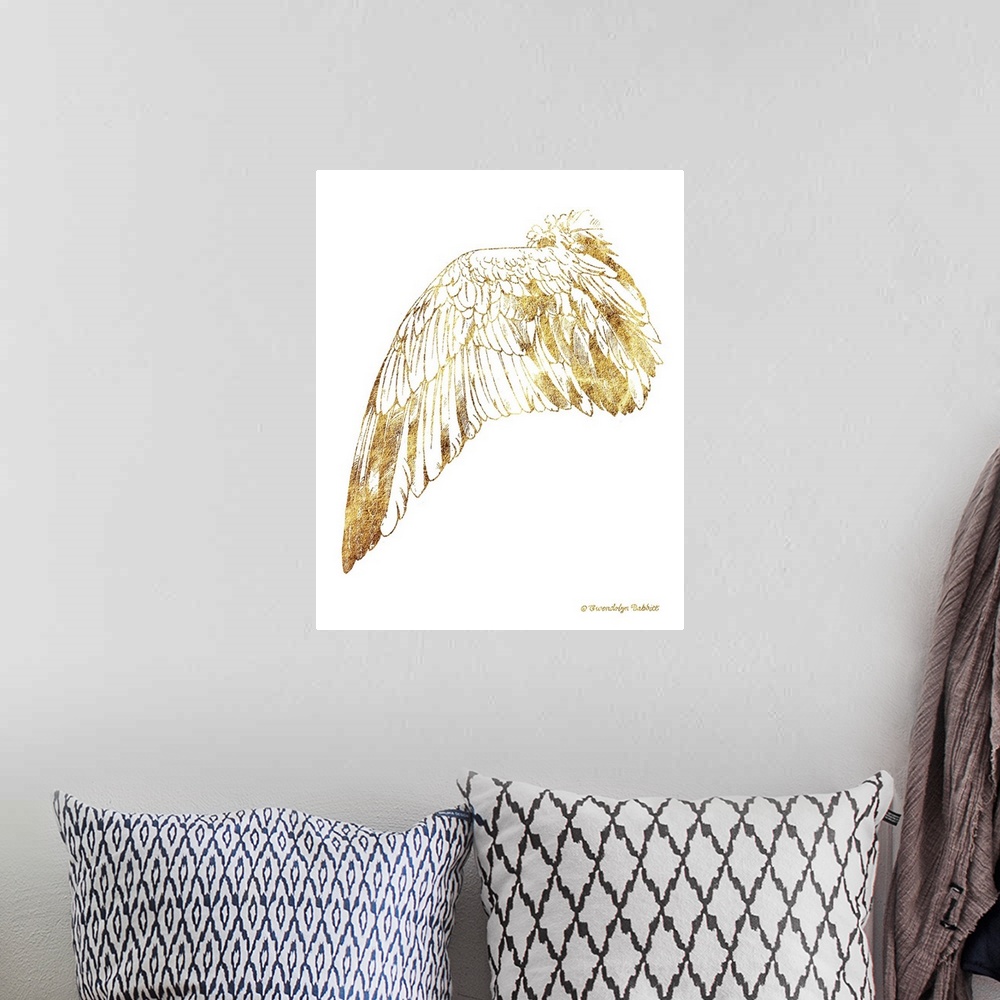 A bohemian room featuring An illustration of a bird's wing in gold over a white background.