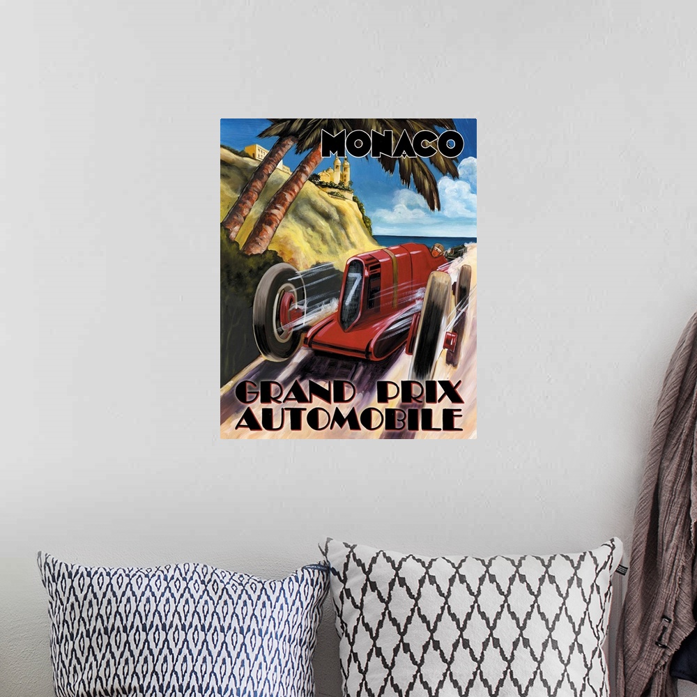 A bohemian room featuring Painted sign reading "Monaco Grand Prix Automobile" with a red vintage race car racing up a path ...