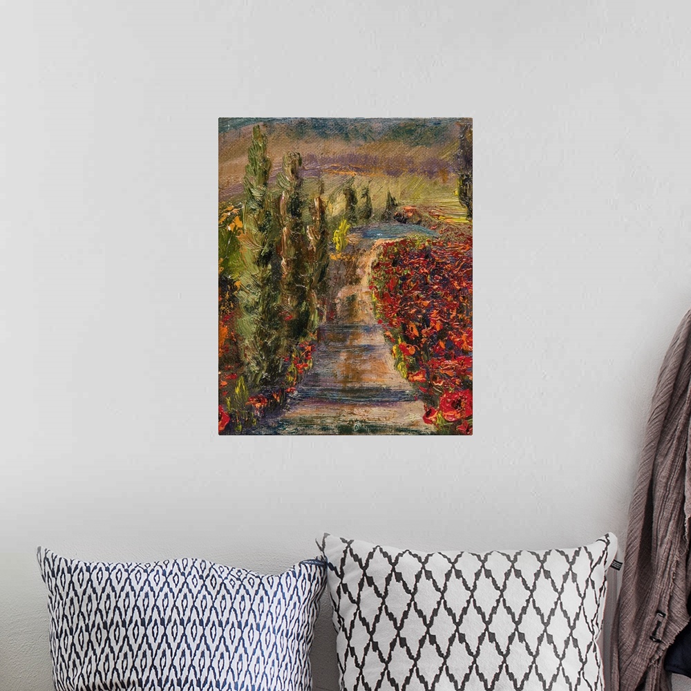 A bohemian room featuring Painting of an abstract landscape with a dirt road lined with red poppies.