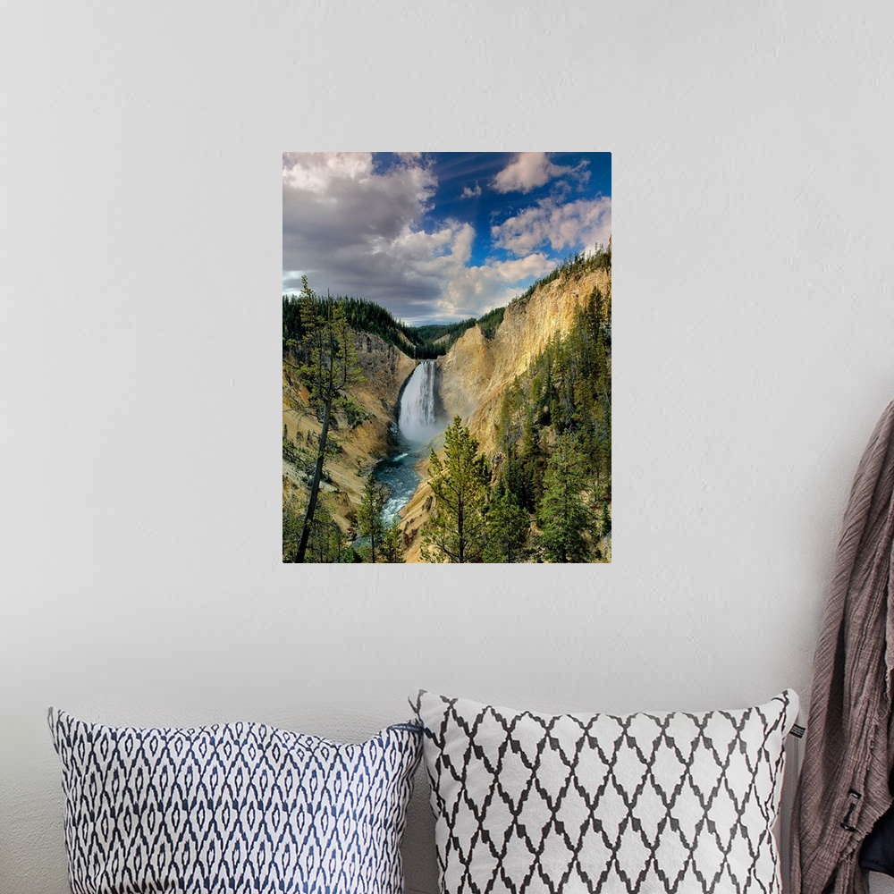 A bohemian room featuring View from below of Yellowstone Falls in Yellowstone National Park, Wyoming.