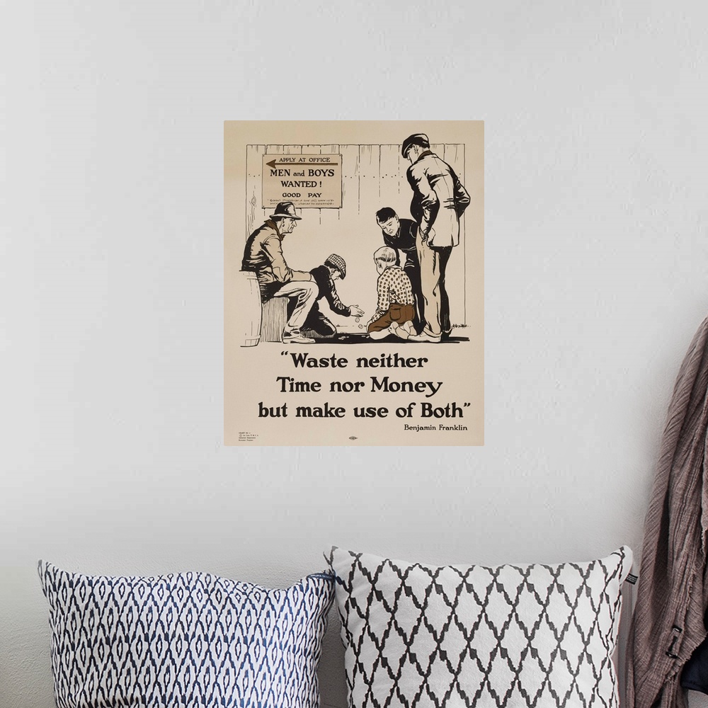 A bohemian room featuring YMCA Economic Program personal finance poster, with a Benjamin Franklin quote: Waste Neither time...