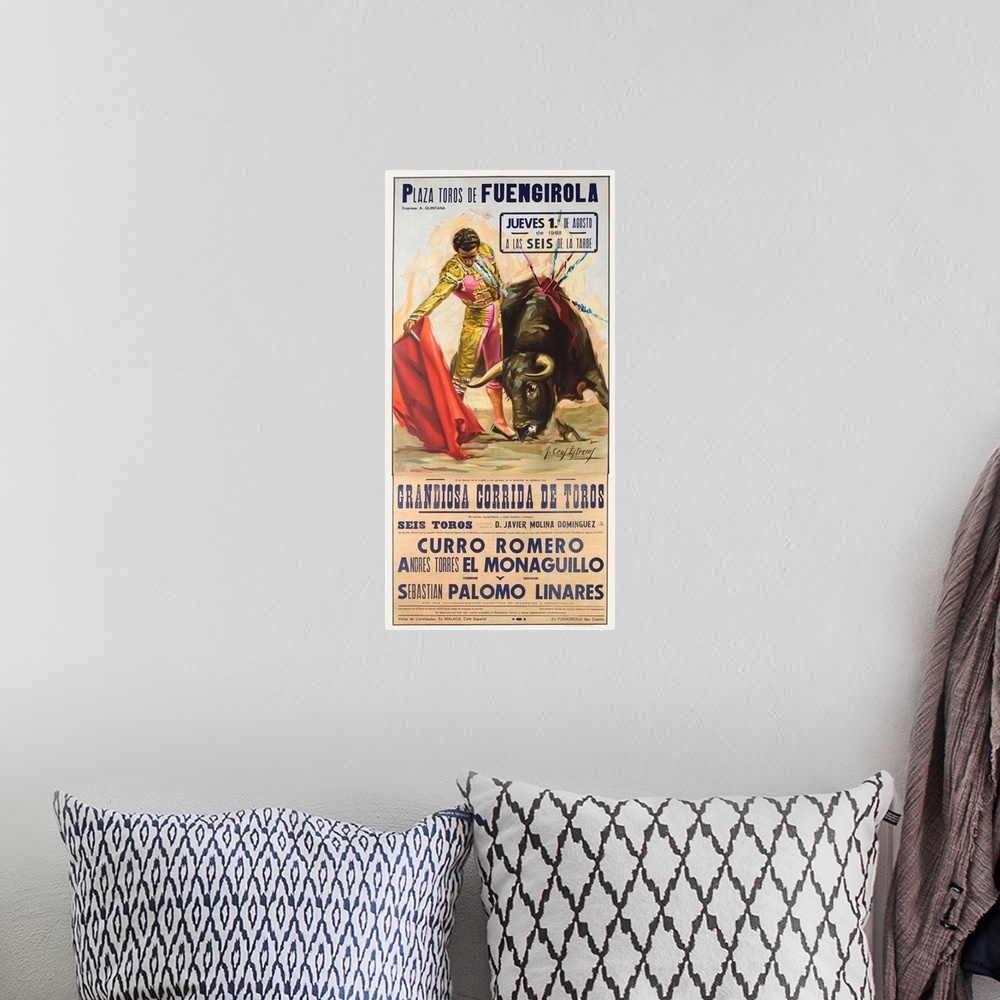 A bohemian room featuring Spanish Bullfight poster showing matador with red cape. Six bulls, featured fighters include Curr...