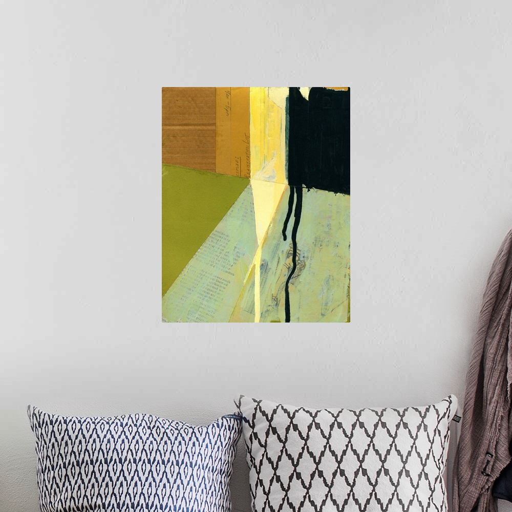A bohemian room featuring Abstract cityscape collage using vintage cut paper and oil paint. Diagonal geometric lines and bo...