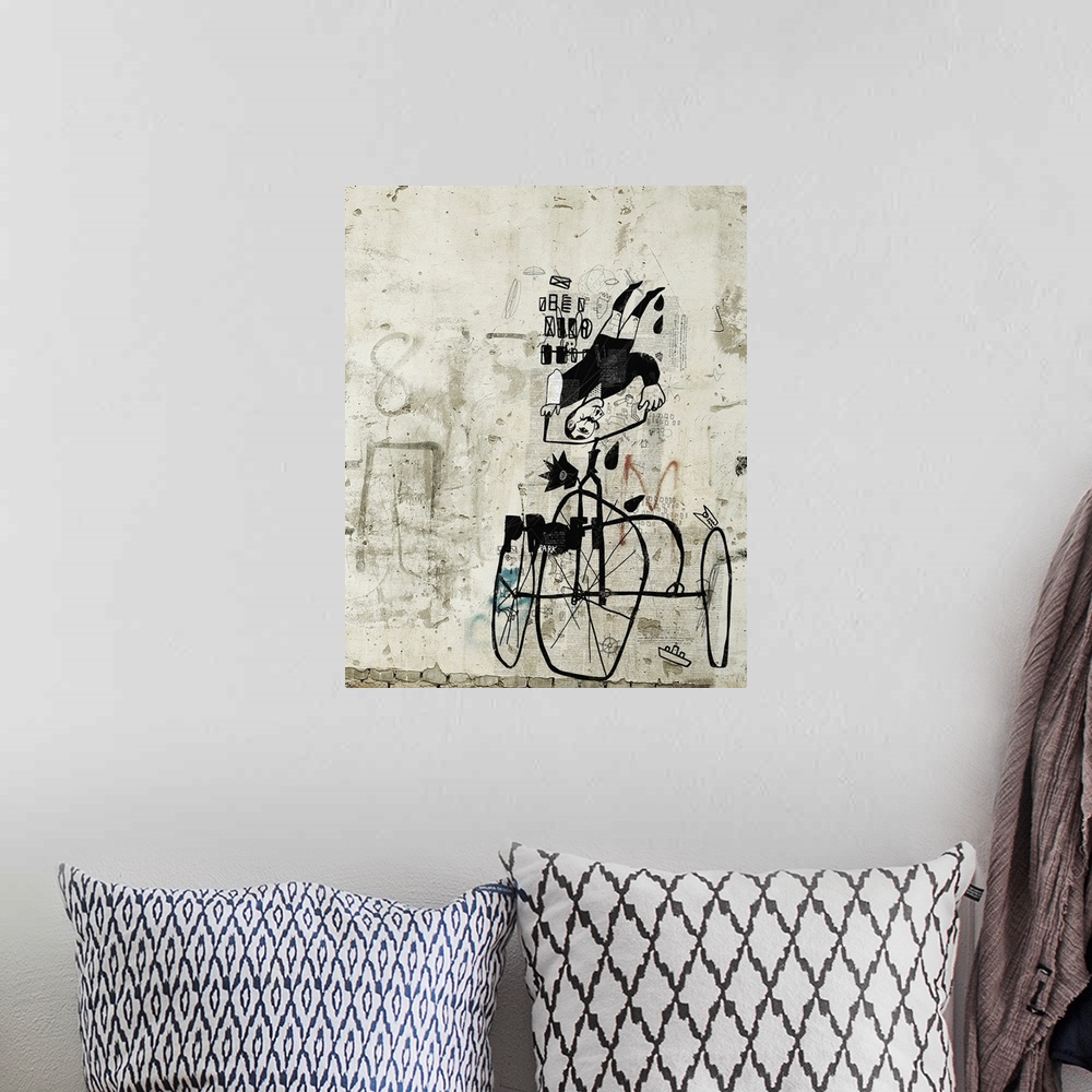 A bohemian room featuring Symbolic image of a man who rides an old bicycle.