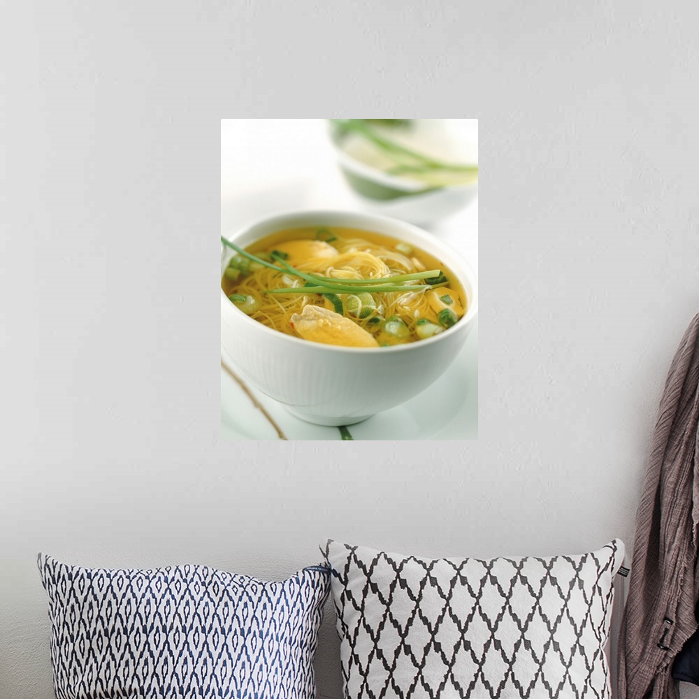 A bohemian room featuring Bowl of soup with noodles and bouillon, focus on foreground
