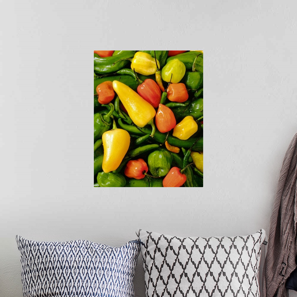 A bohemian room featuring This vertical photograph of food is a pile of hot peppers.
