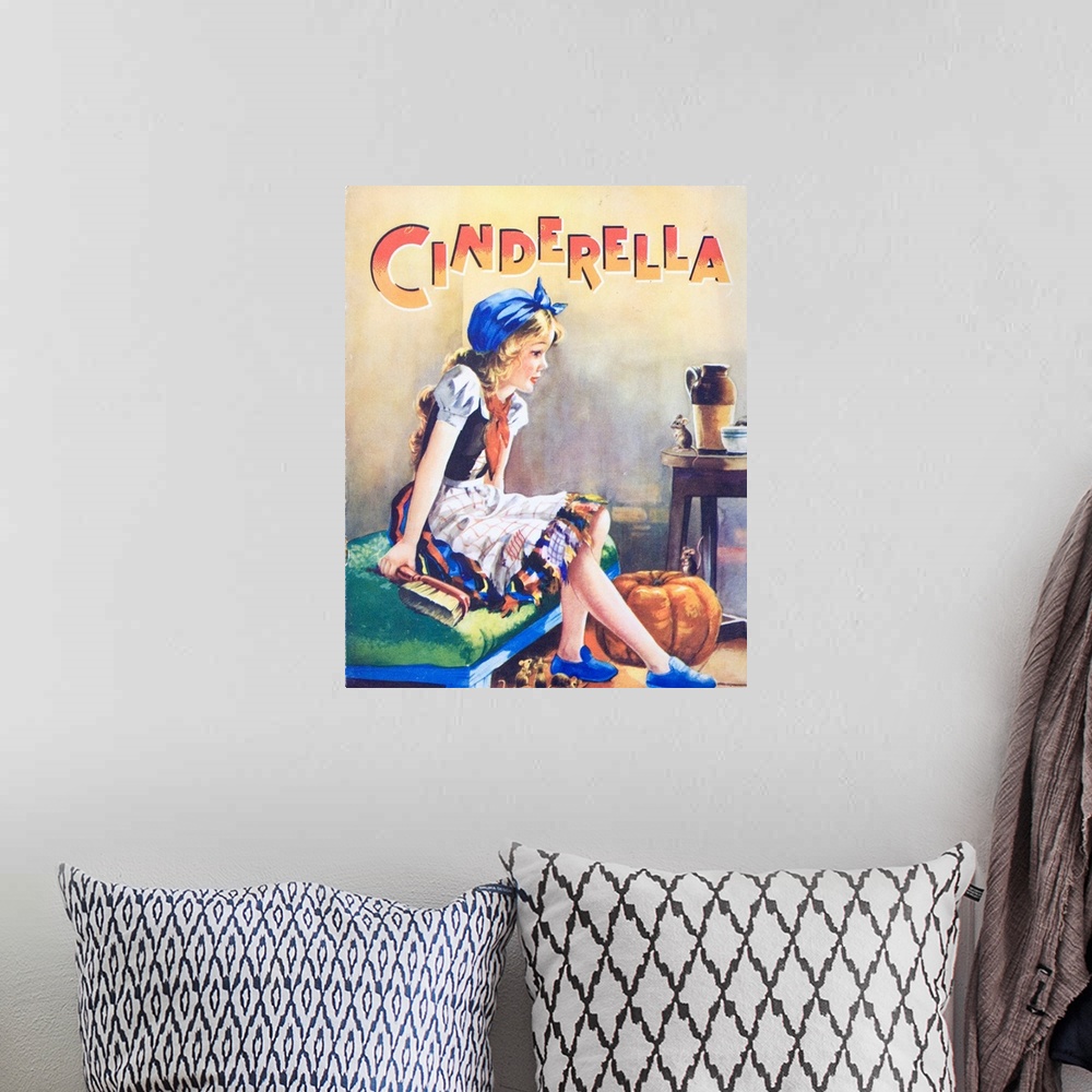 A bohemian room featuring A book illustration of Cinderella, shown dressed for house cleaning with the pumpkin and friendly...