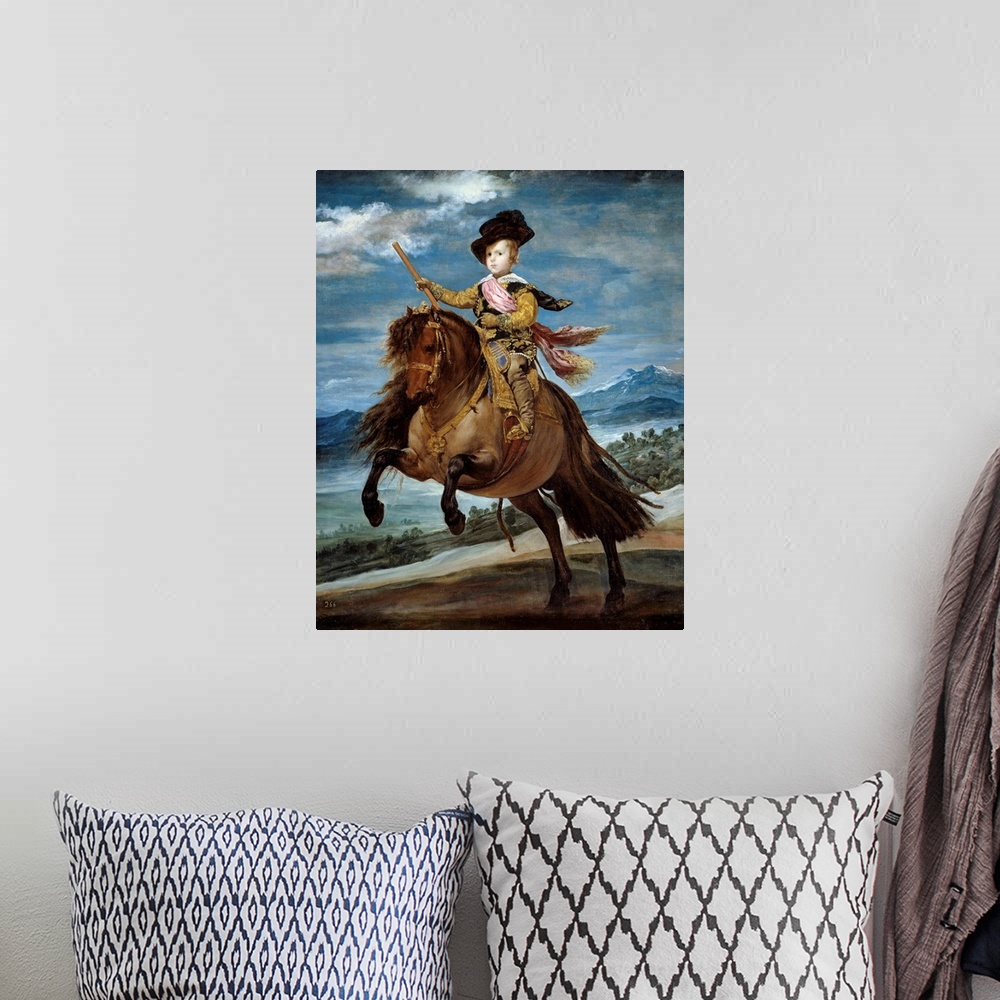 A bohemian room featuring Equestrian portrait of Prince Baltasar Carlos (1629-1646). Painting by Diego Rodriguez de Silva y...