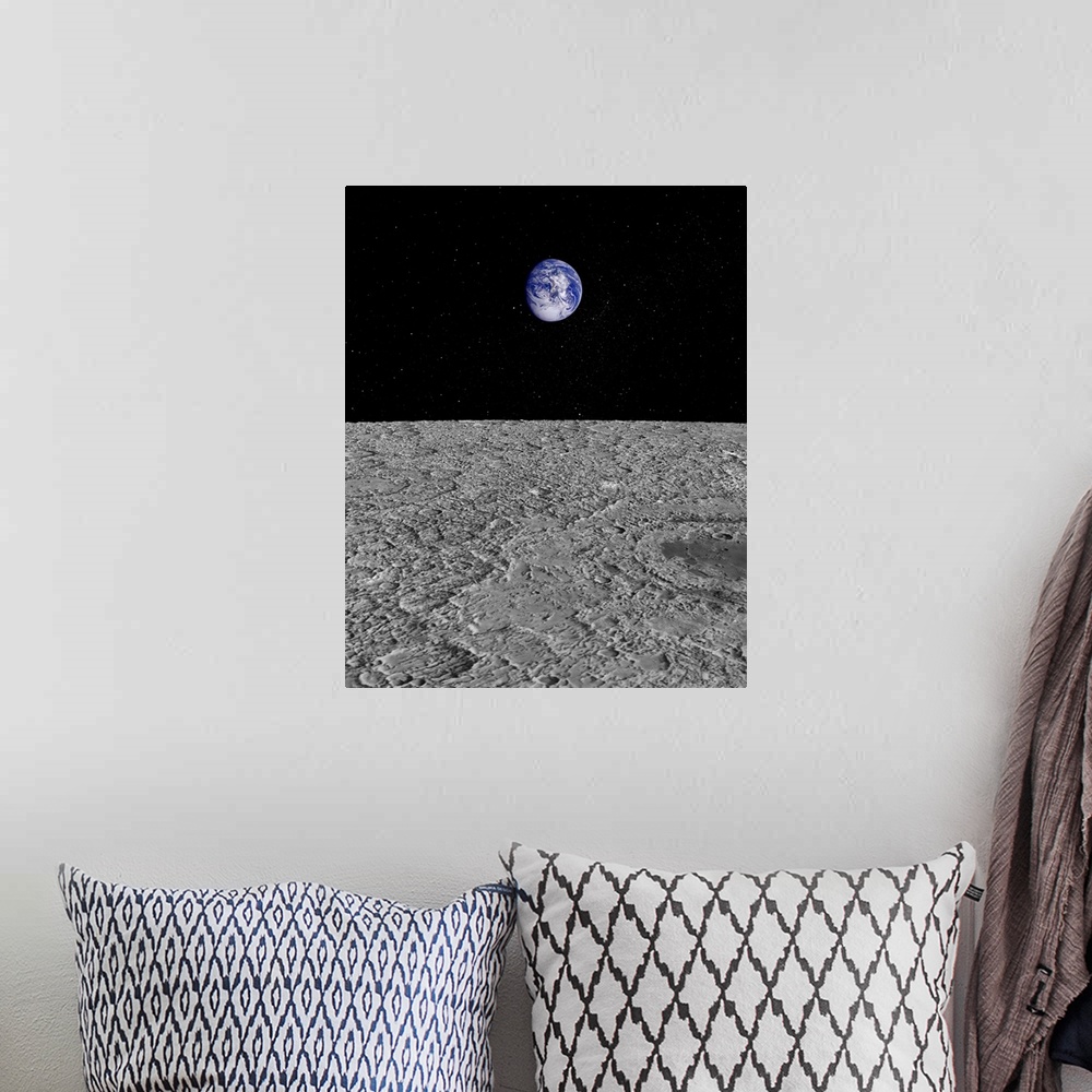 A bohemian room featuring Illustration of a View of Earth from the Moon