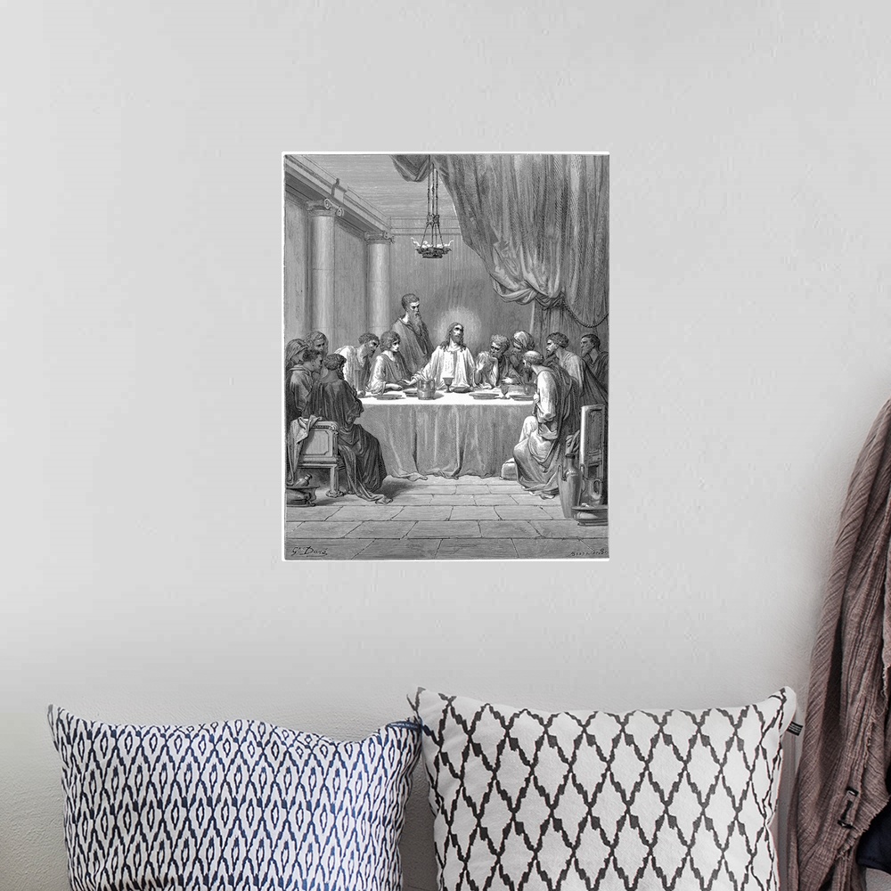 A bohemian room featuring Jesus and his disciples at the Last Supper