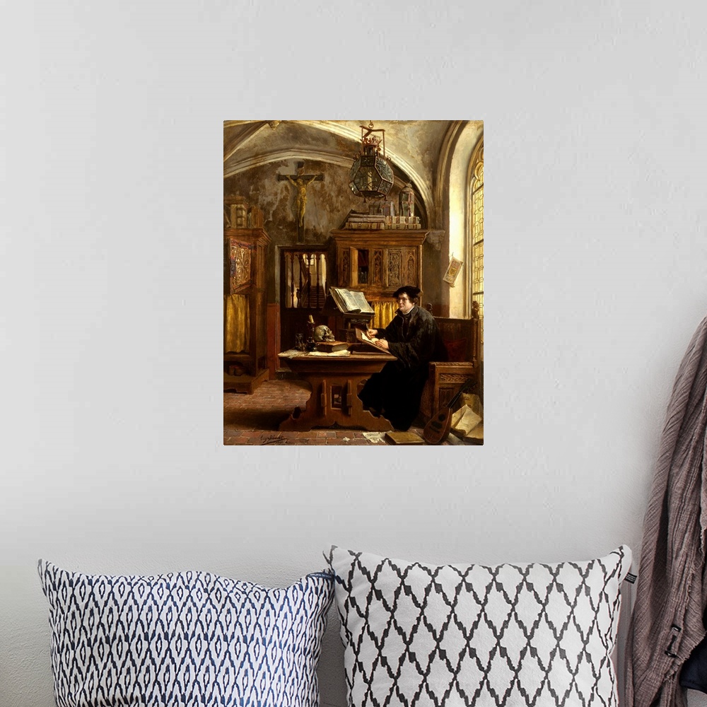 A bohemian room featuring Martin Luther Translating The Bible, Wartburg Castle, 1521 By Eugene Siberdt