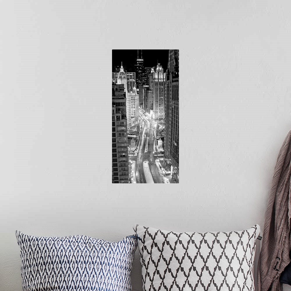 A bohemian room featuring Panoramic monochromatic photographic from an aerial view looking through the downtown streets of ...