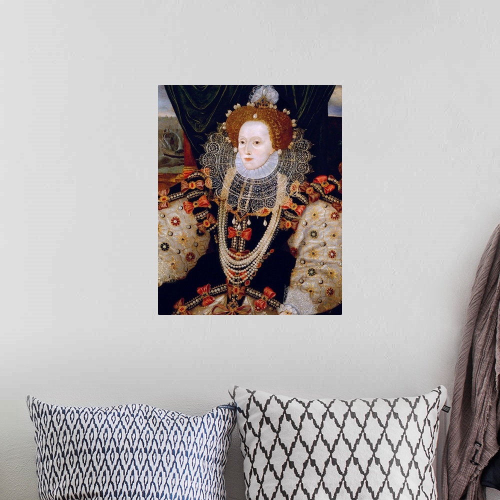 A bohemian room featuring Portrait of Queen Elizabeth I of England (the Armada Portrait), unknown artist, c. 1588, oil on p...