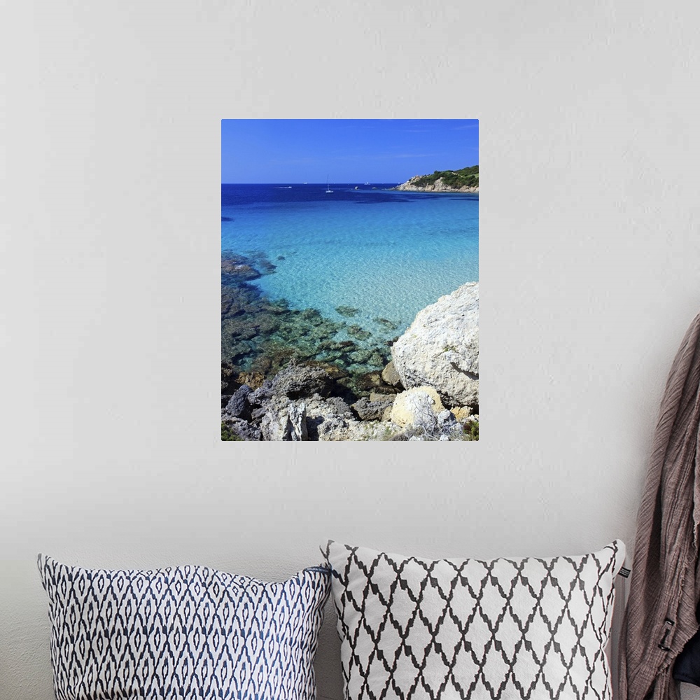 A bohemian room featuring Seascape in summer at Grand Sperone beach near Bonifacio. Corsica, France