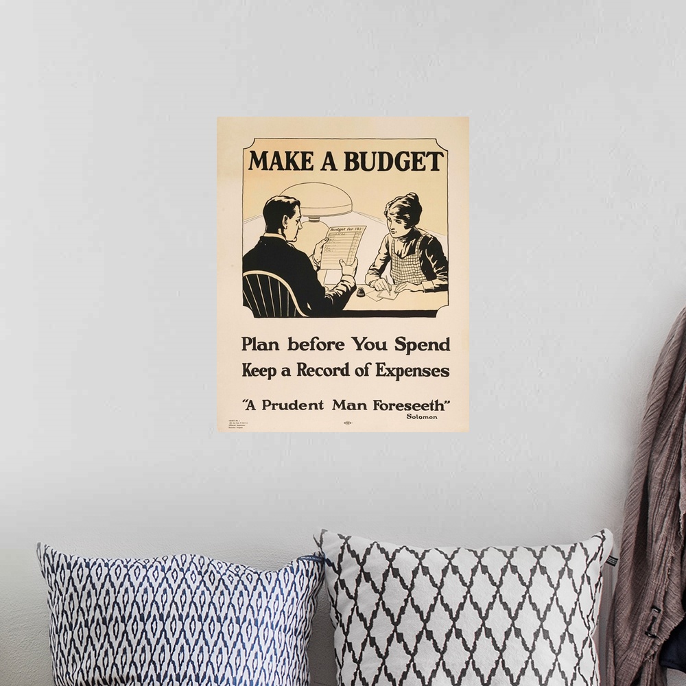 A bohemian room featuring 1920s YMCA Economic Program personal finance poster