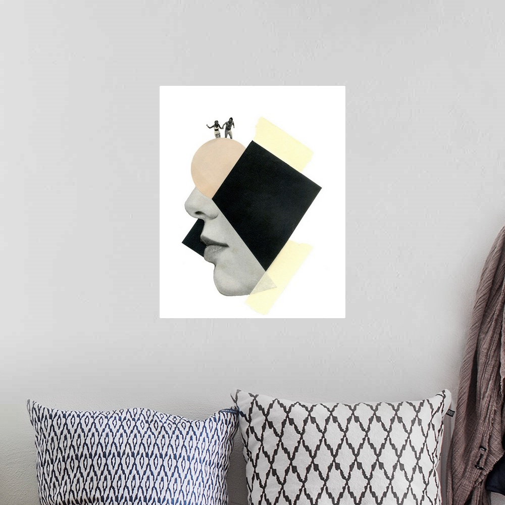 A bohemian room featuring Conceptual abstract art created with shapes and figures using mixed media.