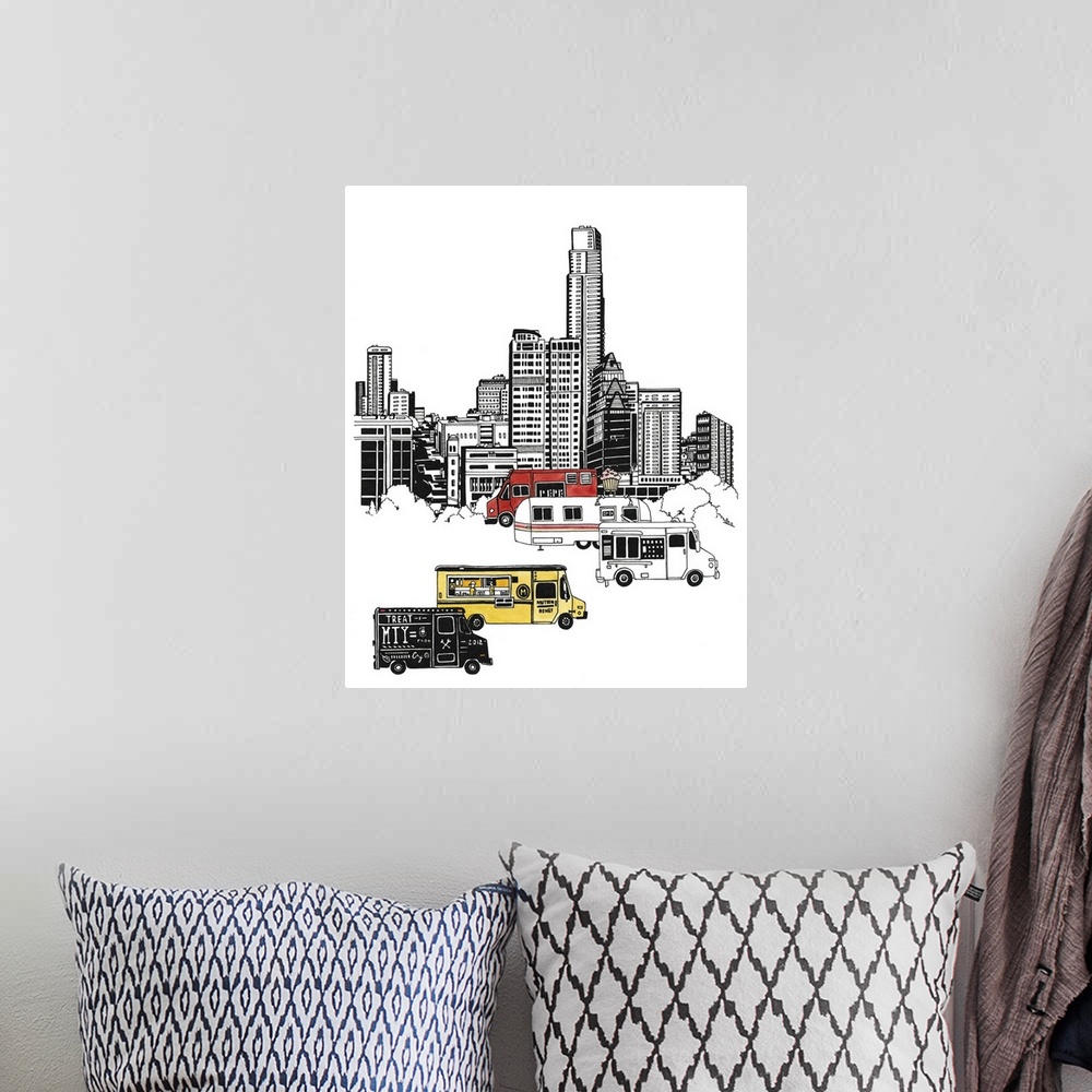 A bohemian room featuring Black and white watercolor painting of the Austin, TX skyline with colorful food trucks in the fo...